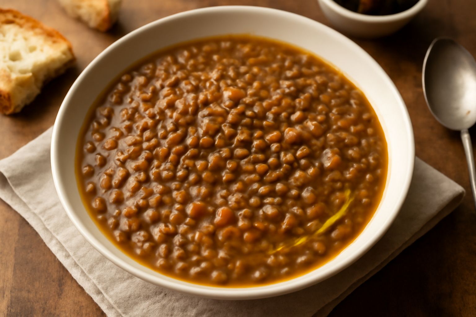 Zuppa densa di lenticchie marrone scuro in ciotola bianca, con cipolla e carota visibili, olio di oliva in superficie, servita tiepida su tavolo di legno