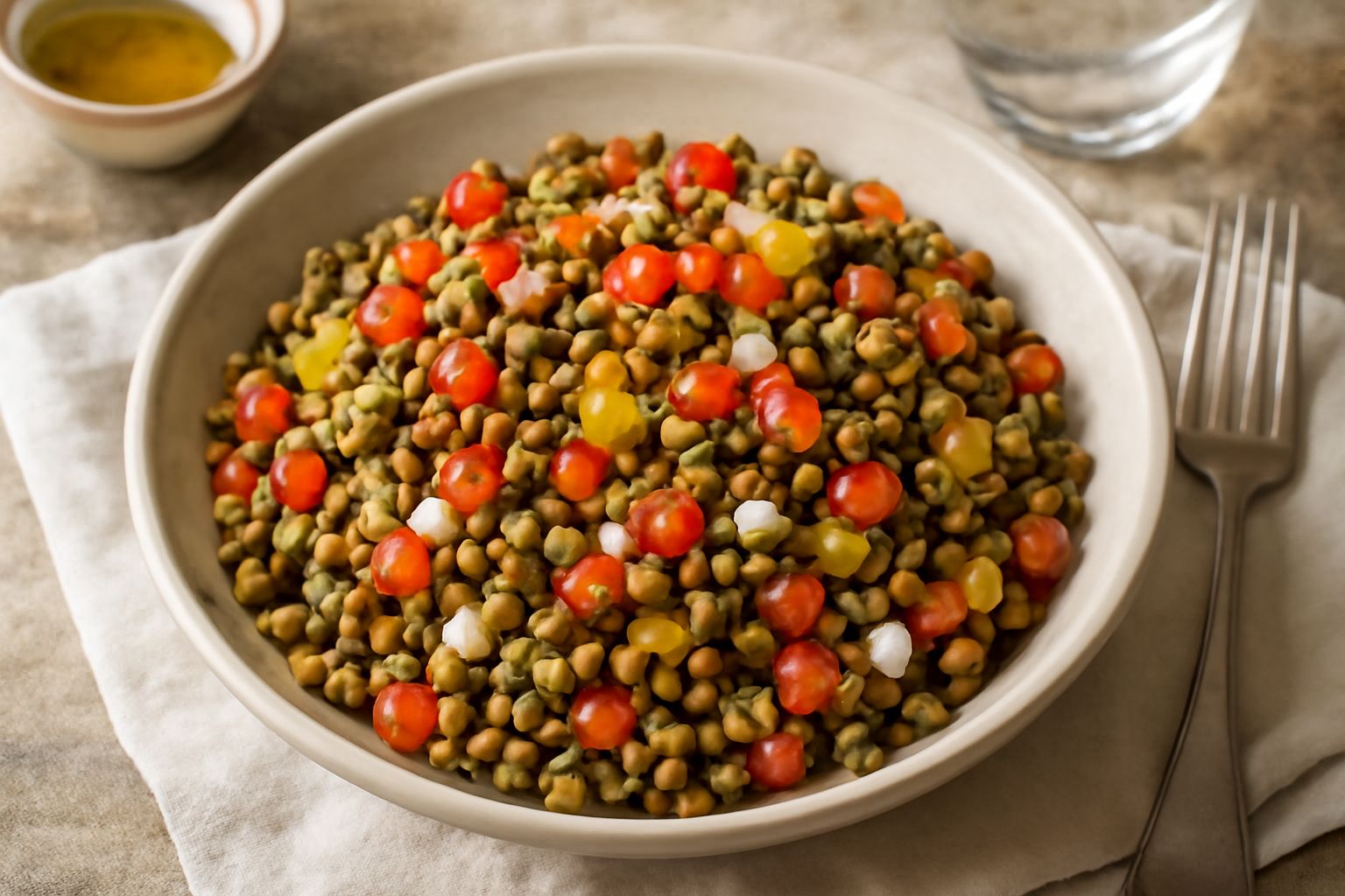 Ciotola di ceramica bianca con lenticchie rosse e verdi fredde, pomodori a dadini rossi, cipolla bianca, prezzemolo verde e filo di olio giallo, il tutto ben mischiato e compatto nel piatto