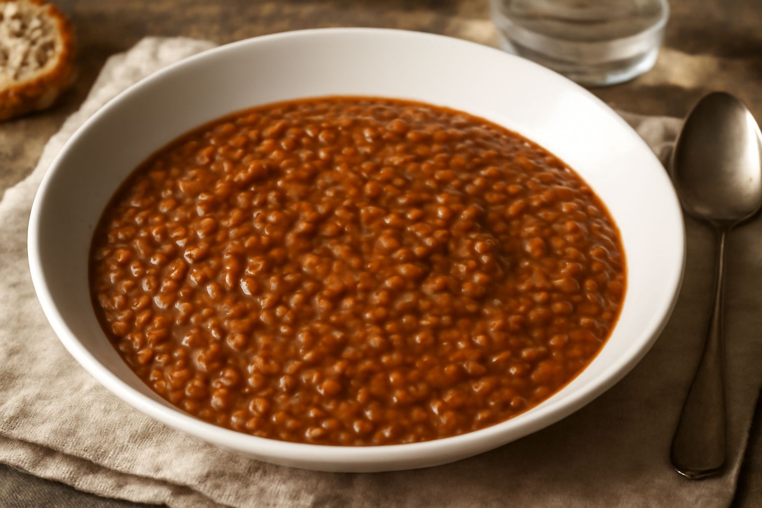 Lenticchie in umido marrone scuro in terracotta bianca, cremose e intere, con il soffritto visibile in superficie, contorno di salsa densa, cucchiaio in legno appoggiato a lato