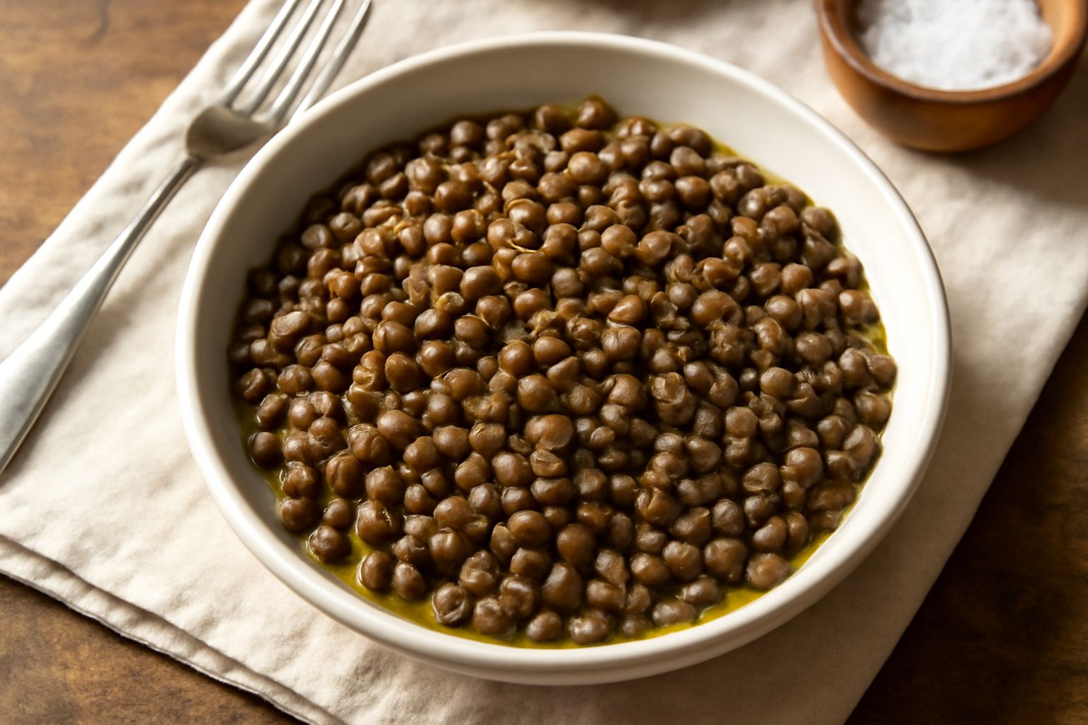 Lenticchie marroni lessate in una ciotola bianca, morbide e intere, con un filo d'olio extravergine e un cucchiaio di legno accanto su fondo bianco
