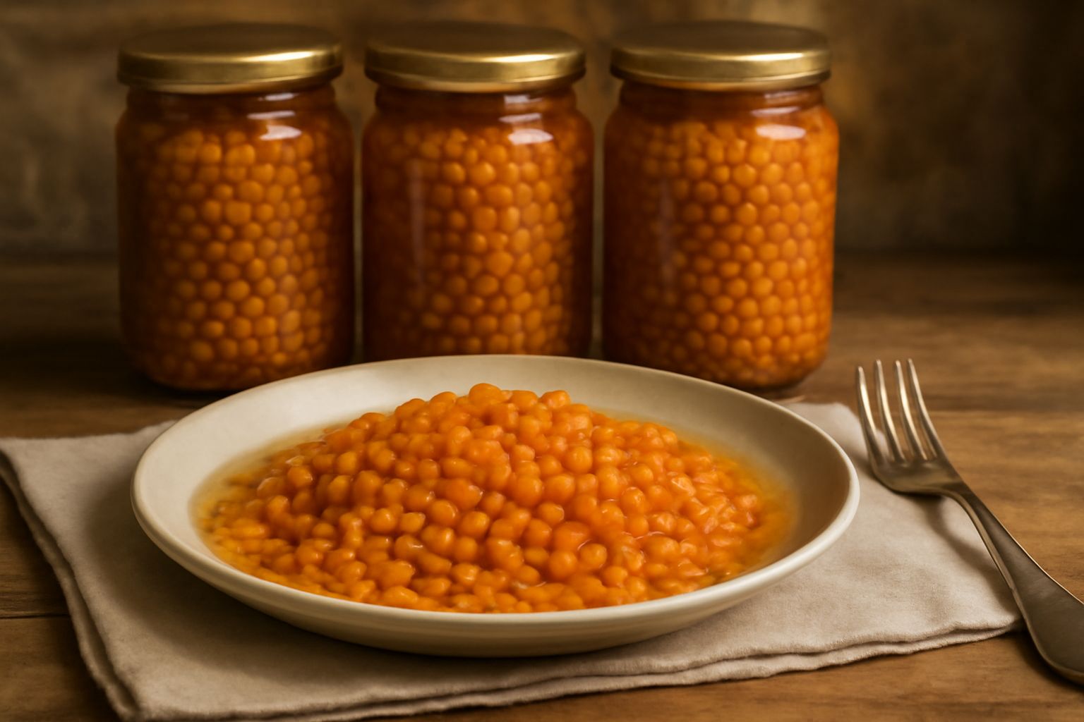 Barattoli di vetro trasparente con lenticchie rosse cotte, liquido limpido e tappo di metallo ben sigillato, disposti su un piano di legno vicino a una cucina luminosa