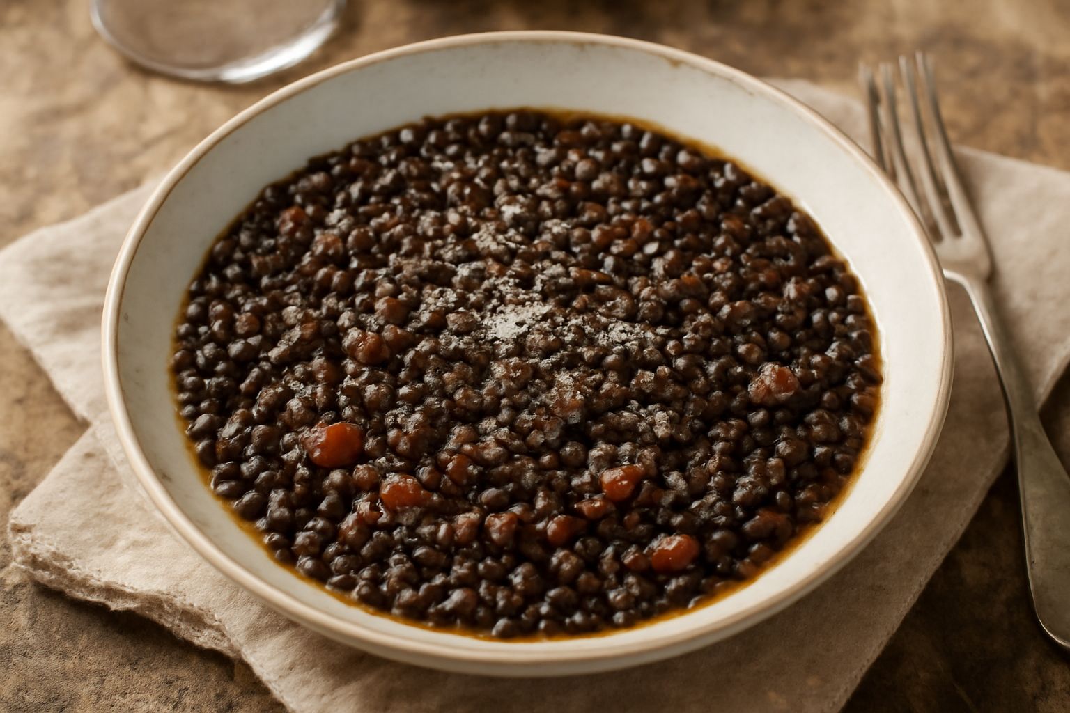 Piatto di ceramica bianca con lenticchie umbre scure cotte, condite con olio extravergine e pomodori pelati, guarnite con prezzemolo verde fresco tritato