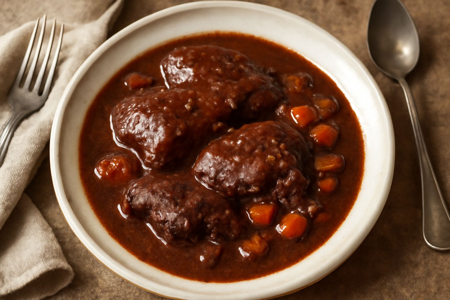 Piatto di lepre al Rossese con pezzi di carne scura in salsa marrone scura, guarnita con rosmarino e ginepro, contornata da verdure caramellate, tavolo scuro in sottofondo