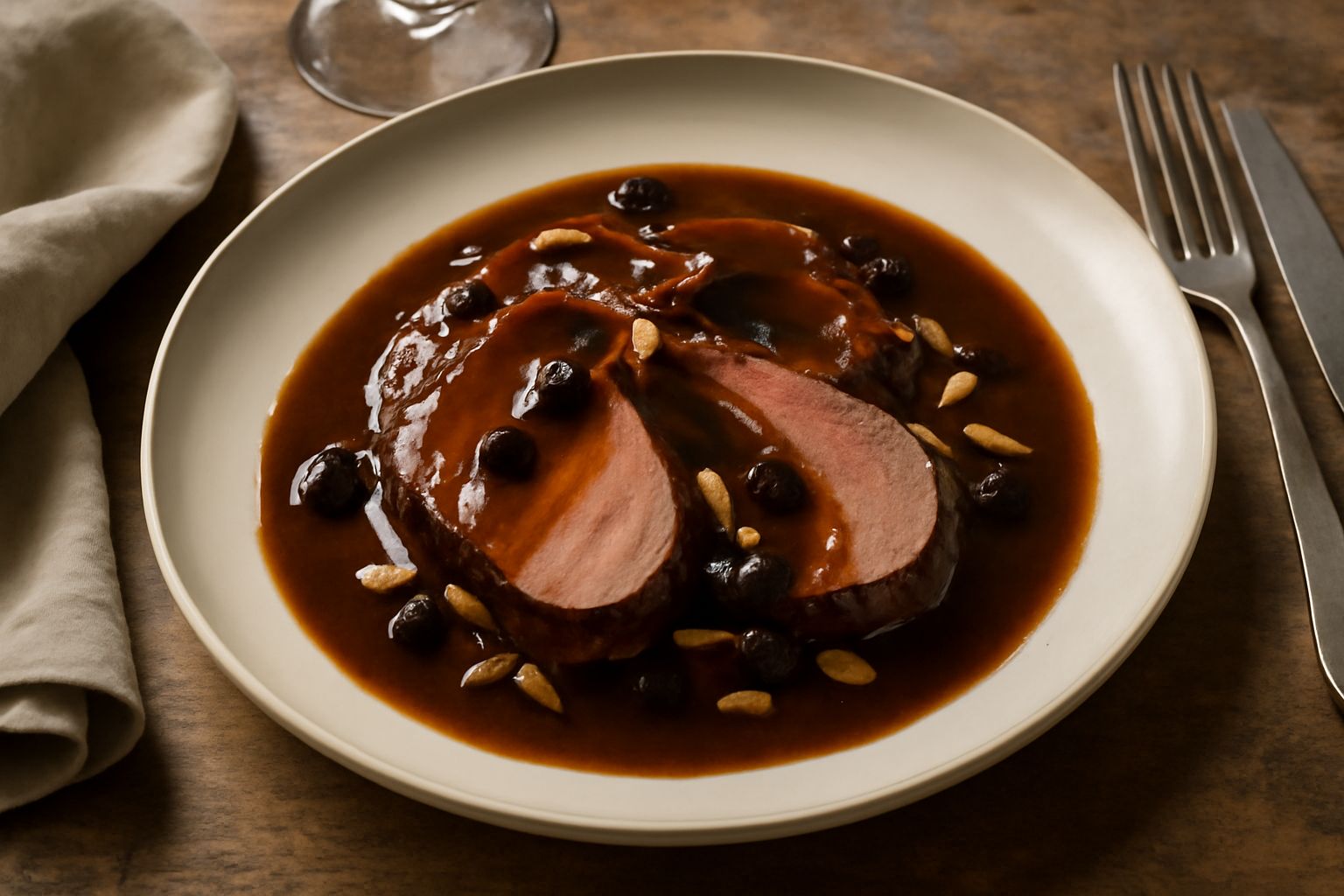 Piatto bianco con fette di lepre rosate coperte da salsa marrone scura agrodolce, con uvetta e pinoli dorati sparsi in superficie, brodo lucente attorno, contorno di verdure caramellate ai lati