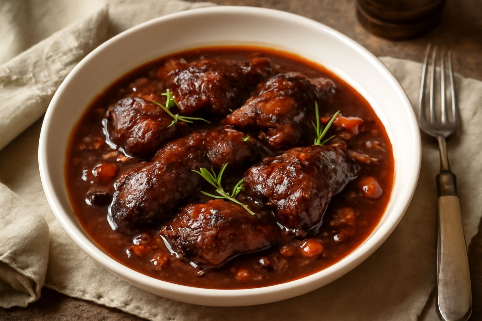Lepre in salmì servita in un piatto fondo di ceramica bianca, pezzi di carne scura e lucida avvolti da una salsa color marrone scuro con riflessi rosso vino, contornata da verdure soffritte e guarnita