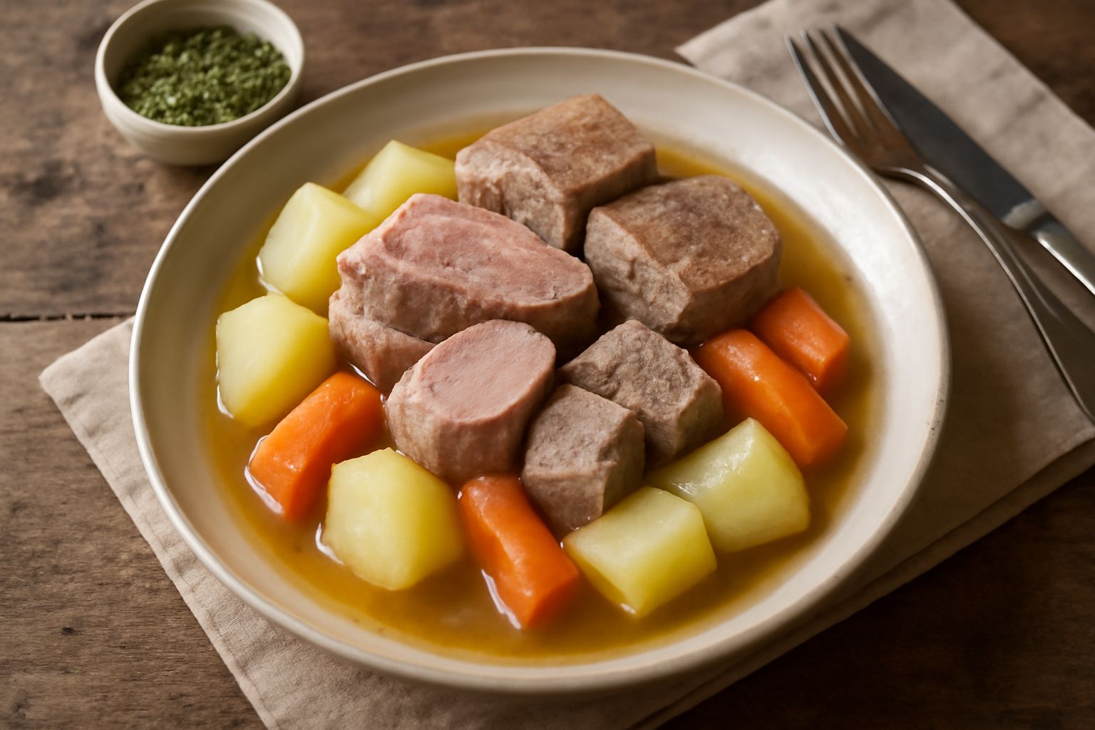 Piatto di porcellana bianca con fette di carne lessa grigio-rosata, contornate da patate bianche e carote arancioni tagliate a pezzi, coperte di brodo trasparente e una leggera guarnizione di prezzemo