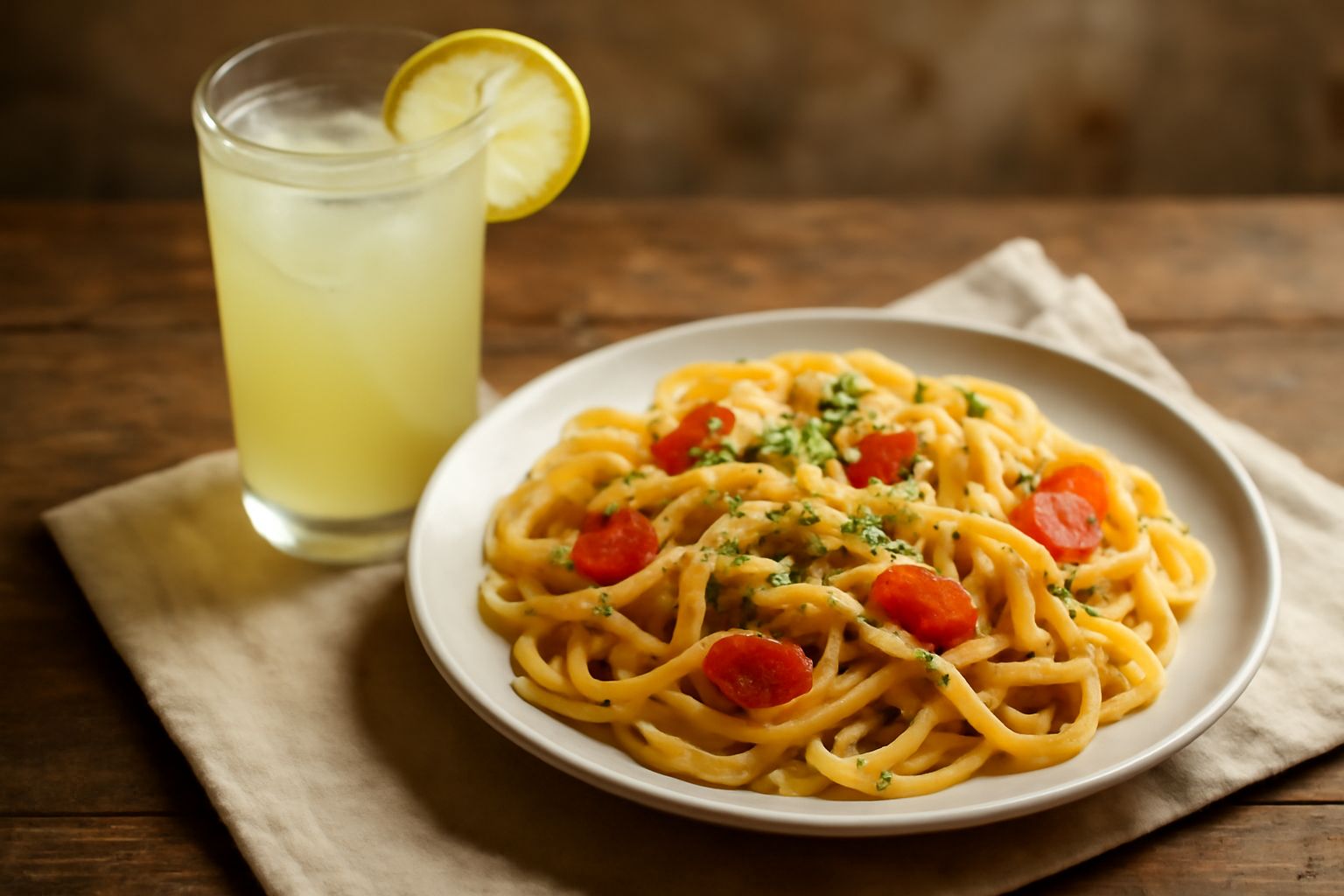 Bicchiere alto con limonata gialla trasparente, ghiaccio, fettina di limone fresco, cucchiaio in metallo, sfondo sfocato con tono luminoso estivo
