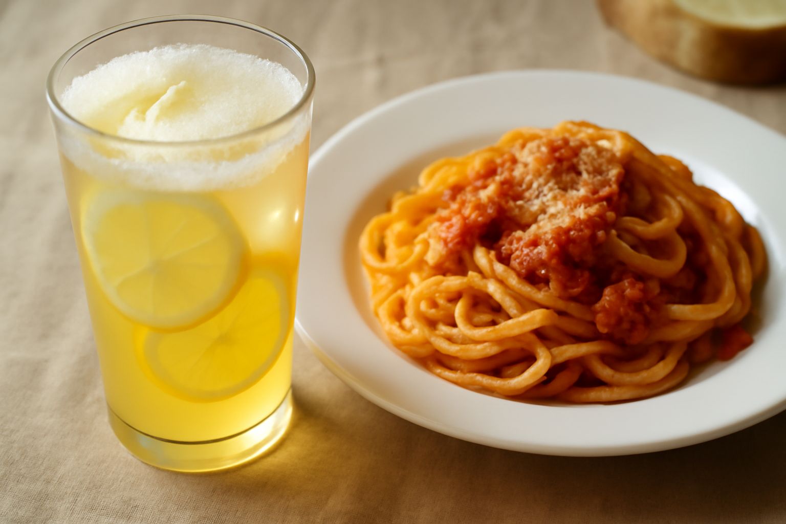 Due bicchieri di limonata gialla trasparente con fette di limone galleggianti, ghiaccio bianco e pezzi di limone sul fondo, paglia di carta, sfondo bianco diffuso con limoni freschi intorno