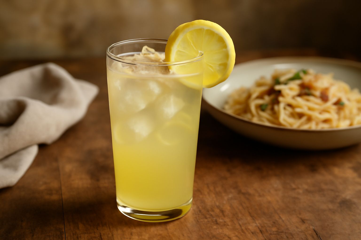 Bicchiere di limonata trasparente con cubetti di ghiaccio, fette di limone giallo e foglie di menta fresca, servito su sfondo bianco con limoni interi accanto