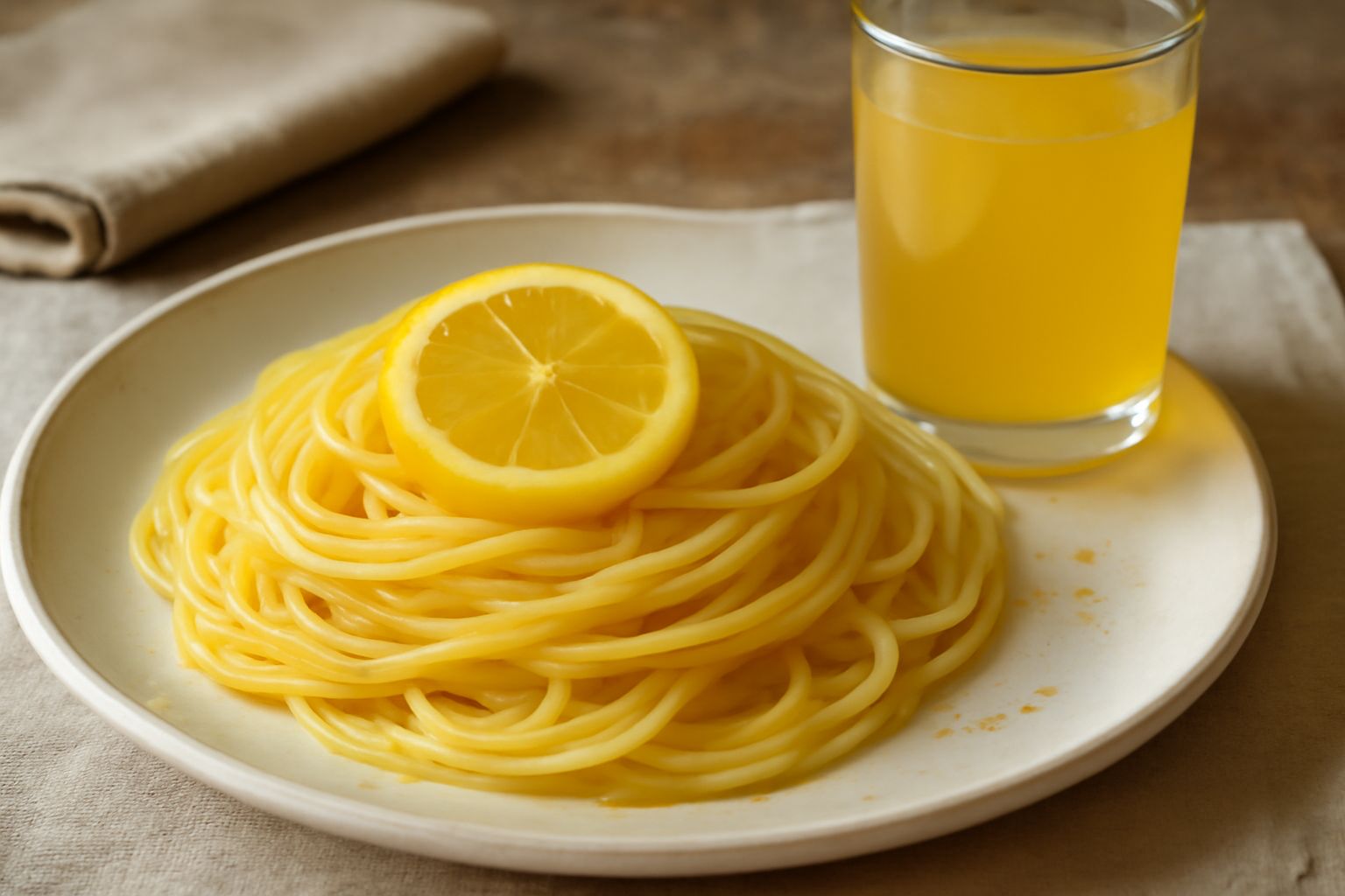Bottiglie di vetro con limonata gialla trasparente, limoni affettati galleggianti, ghiaccio visibile attraverso il vetro, etichette di carta, su un tavolo di legno con luce naturale