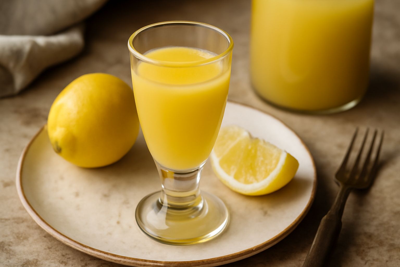 Bottiglia di vetro trasparente con limoncello giallo oro, liquido cremoso, circondata da limoni freschi gialli interi e due bicchieri piccoli trasparenti con il liquore servito freddo, su fondo bianco