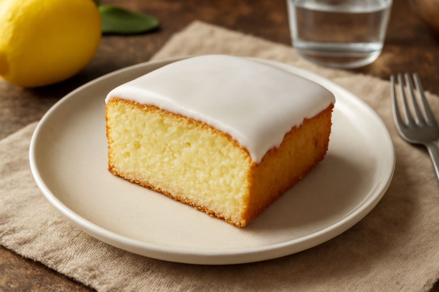 Limoncello cake a fette su un piatto bianco, glassa bianca opaca sulla superficie, miolo giallo pallido e umido, con scorzetta di limone fresca grattugiata sulla cima