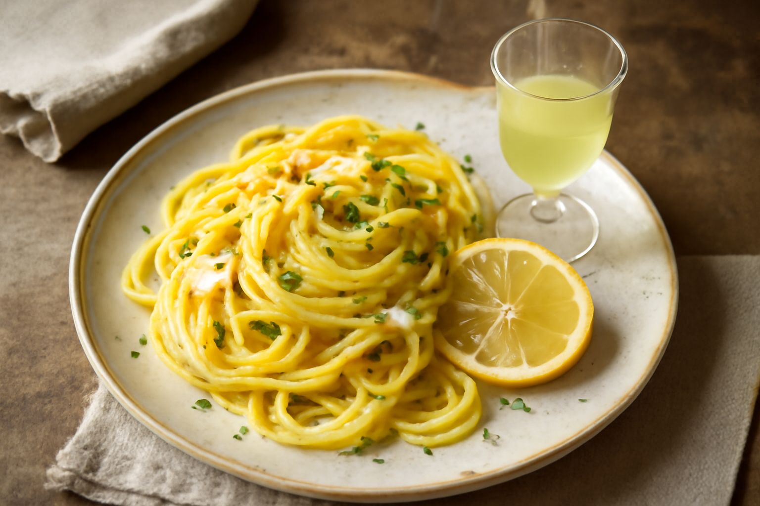 Bicchiere di cristallo trasparente contenente limoncello giallo dorato ghiacciato, con scorze di limone fresco sullo sfondo e bottiglie di vetro opaco piene del liquore su un tavolo di legno scuro