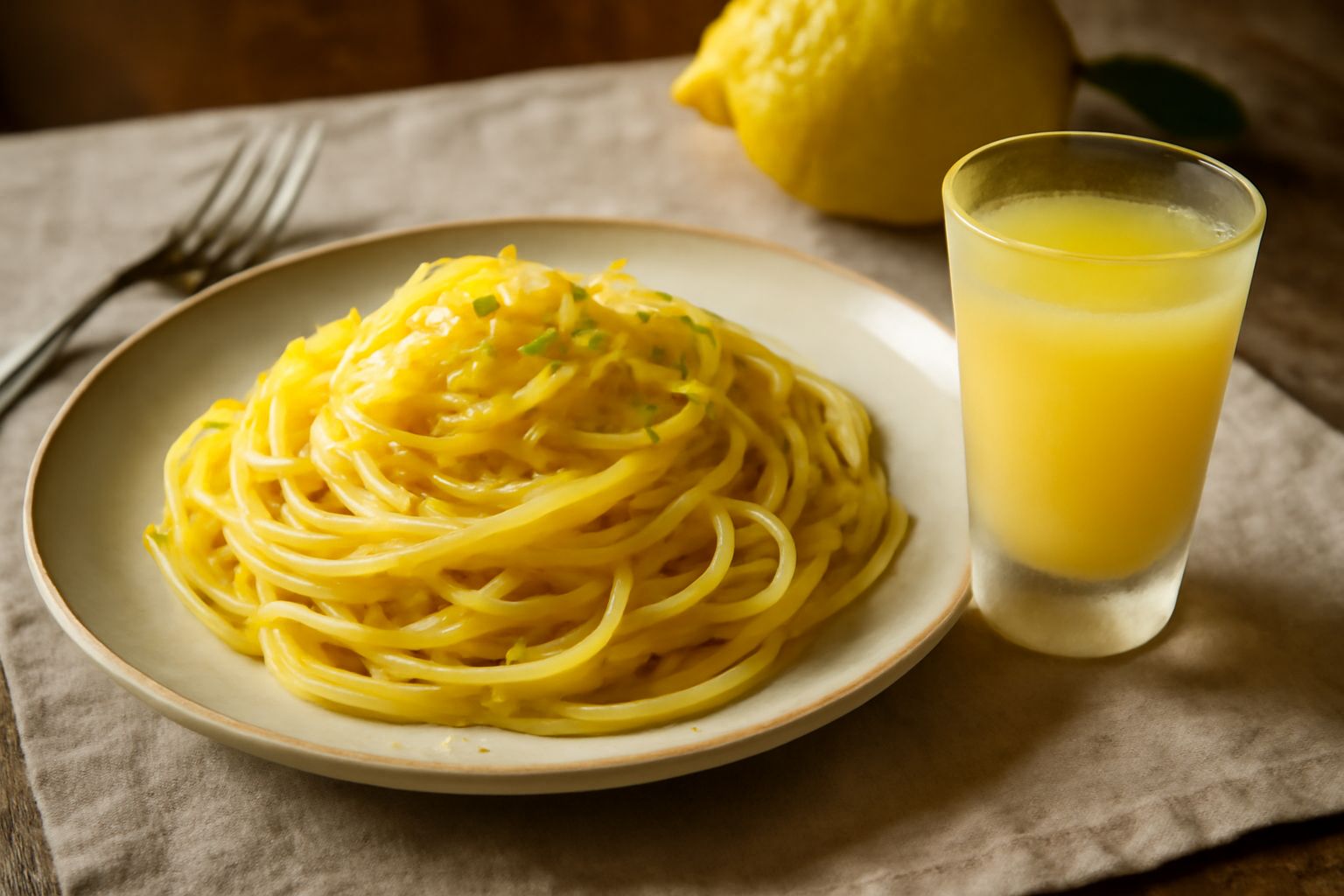 Bicchierini di limoncello cremoso di colore giallo intenso con sfumature dorate, appena tolti dal freezer, con gocce di brina sulla superficie, contornati da limoni sfusato freschi con foglie verdi