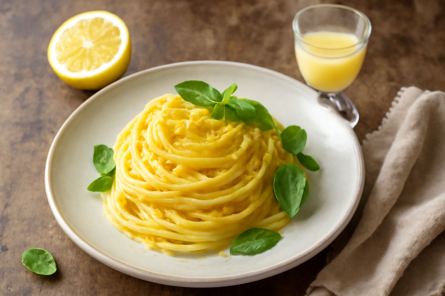 Bicchiere di limoncello giallo dorato, gelido e cremoso, su sfondo bianco con scorze di limone fresco e foglie verdi, bottiglia scura sullo sfondo