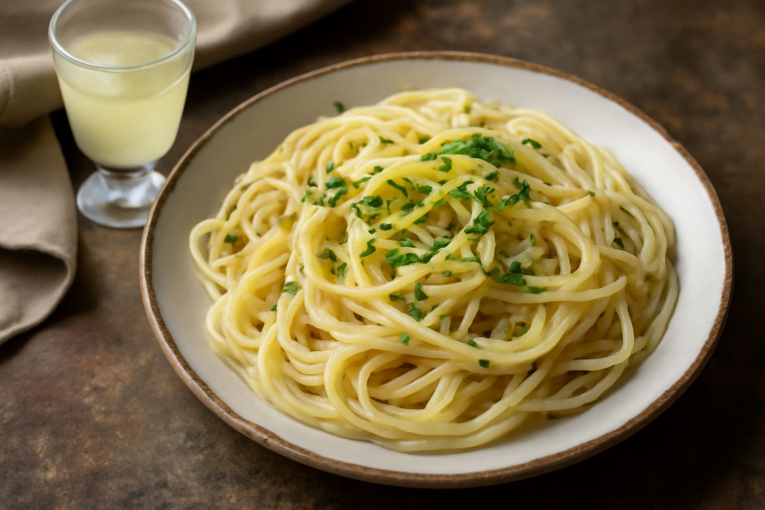 Bicchiere trasparente con limoncello cristallino di colore giallo pallido, freddo di brina sulla parete esterna, su sfondo bianco con due limoni freschi con foglie verdi