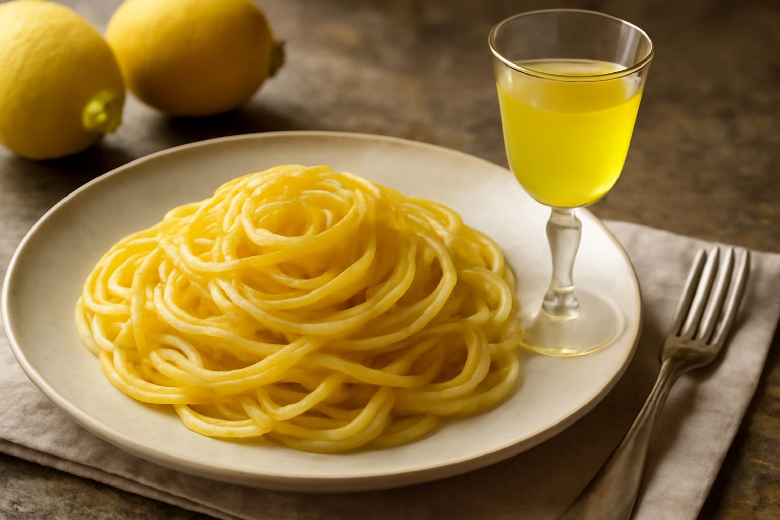 Limoncello giallo brillante in bottiglia di vetro trasparente con tappo bianco, circondato da limoni freschi gialli interi e mezzo tagliato, su sfondo di lino naturale