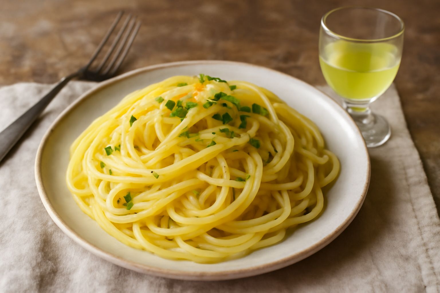 Bottiglie di limoncello ligure giallo intenso e trasparente con boccette di vetro scuro, accanto a limoni freschi interi e mezzo limone aperto, su fondo bianco con alcuni fogli verdi di limone