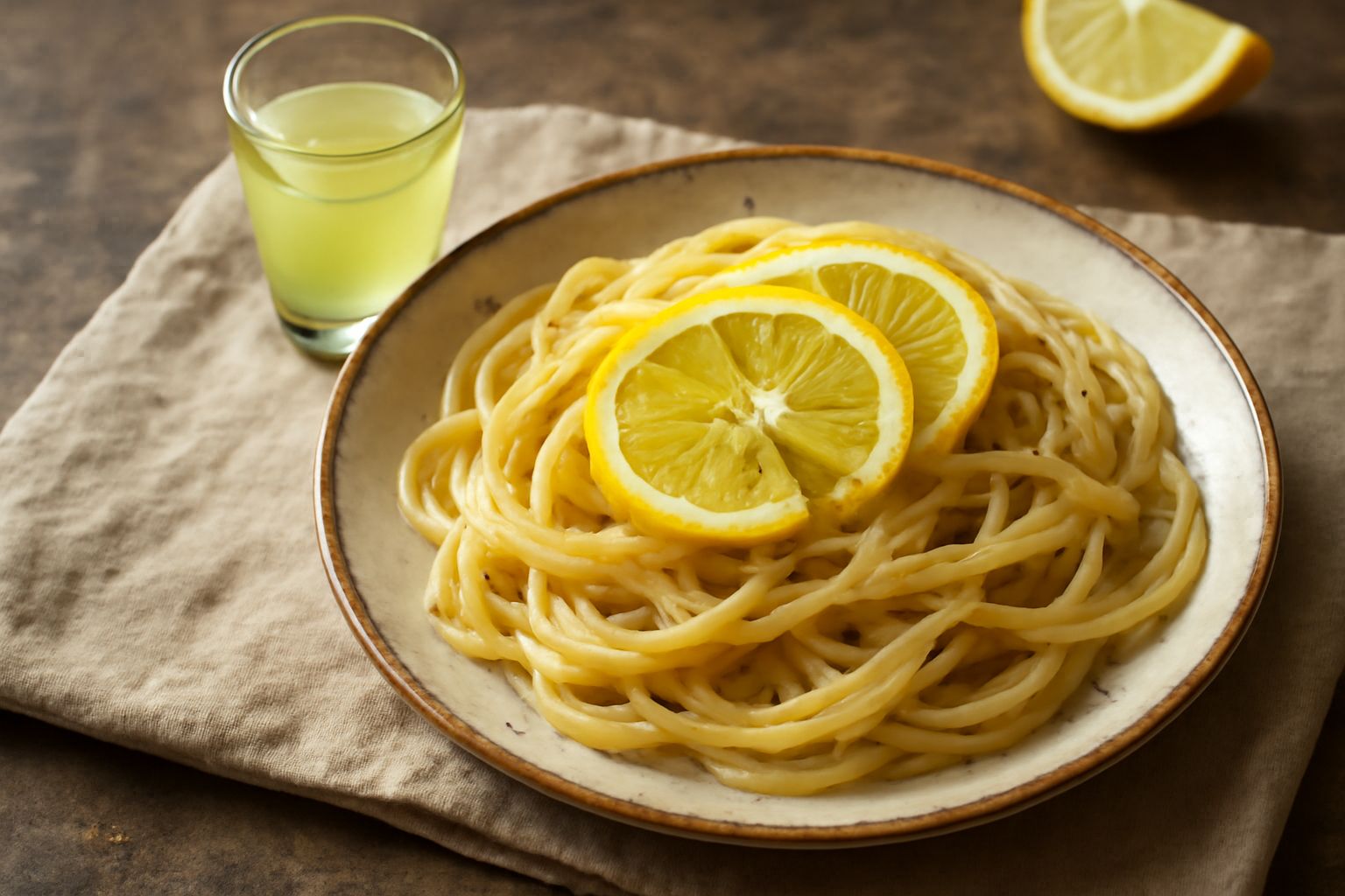 Bicchiere di limoncello trasparente e giallo pallido ghiacciato, con buccia di limone fresca accanto e bottiglia di vetro sullo sfondo, su tavolo di legno naturale