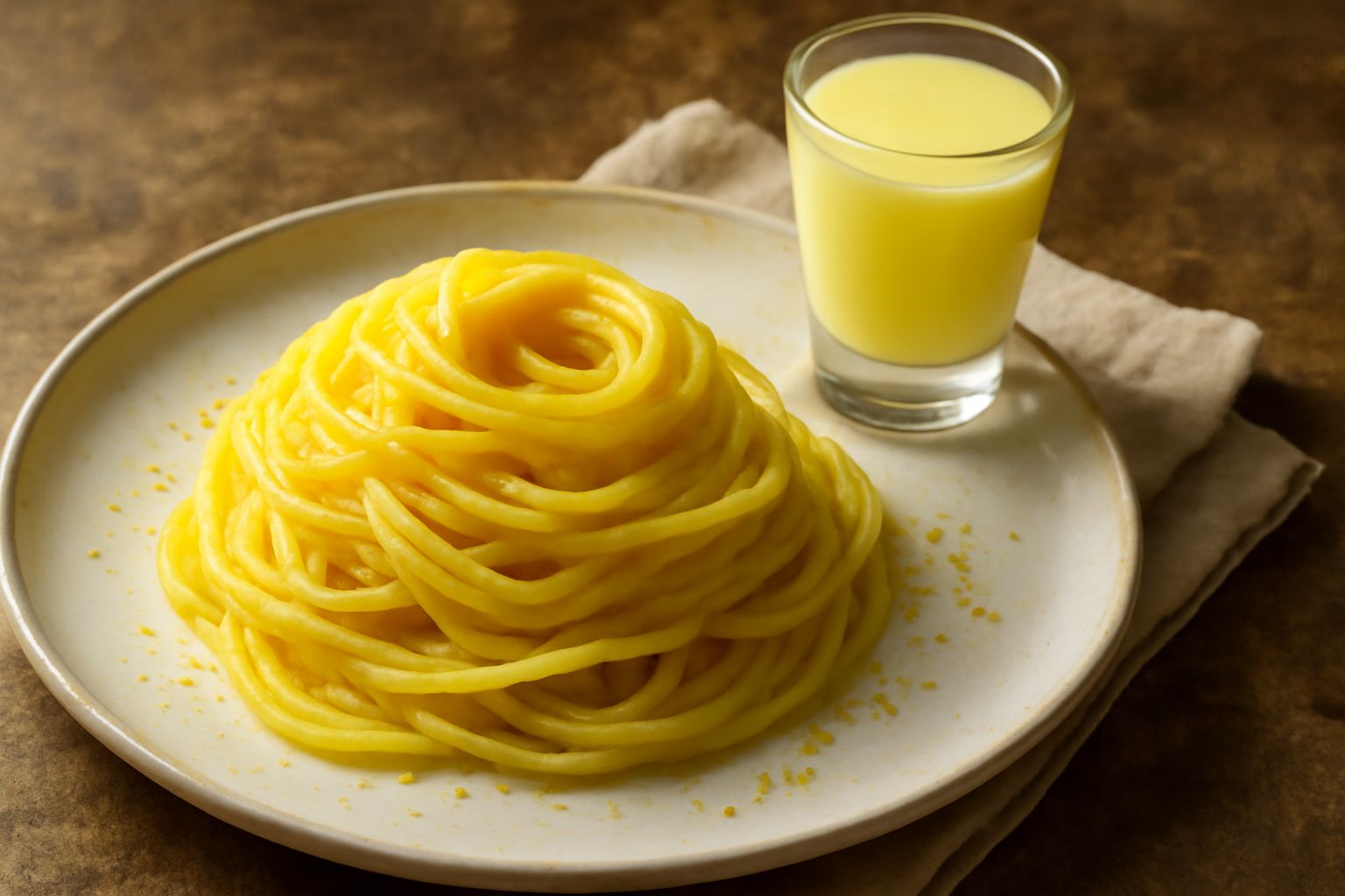 Bicchierini di limoncello cremoso giallo acceso serviti ghiacciati con limoni freschi interi sullo sfondo e una bottiglia di vetro trasparente con il liquore dentro