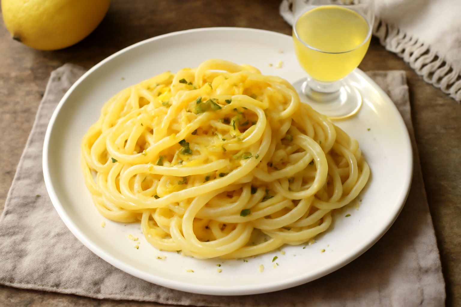 Bicchieri di limoncello sardo trasparente e giallo brillante, molto freddo con brina sulla superficie, limoni freschi accanto, sfondo bianco
