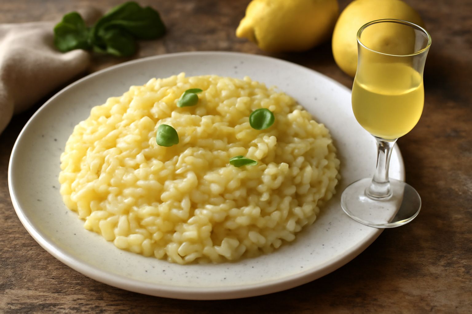 Bicchiere di limoncello giallo paglierino ghiacciato, servito in un calice freddo, con sfondo di limoni gialli freschi e una bottiglia di vetro ambrato sullo sfondo