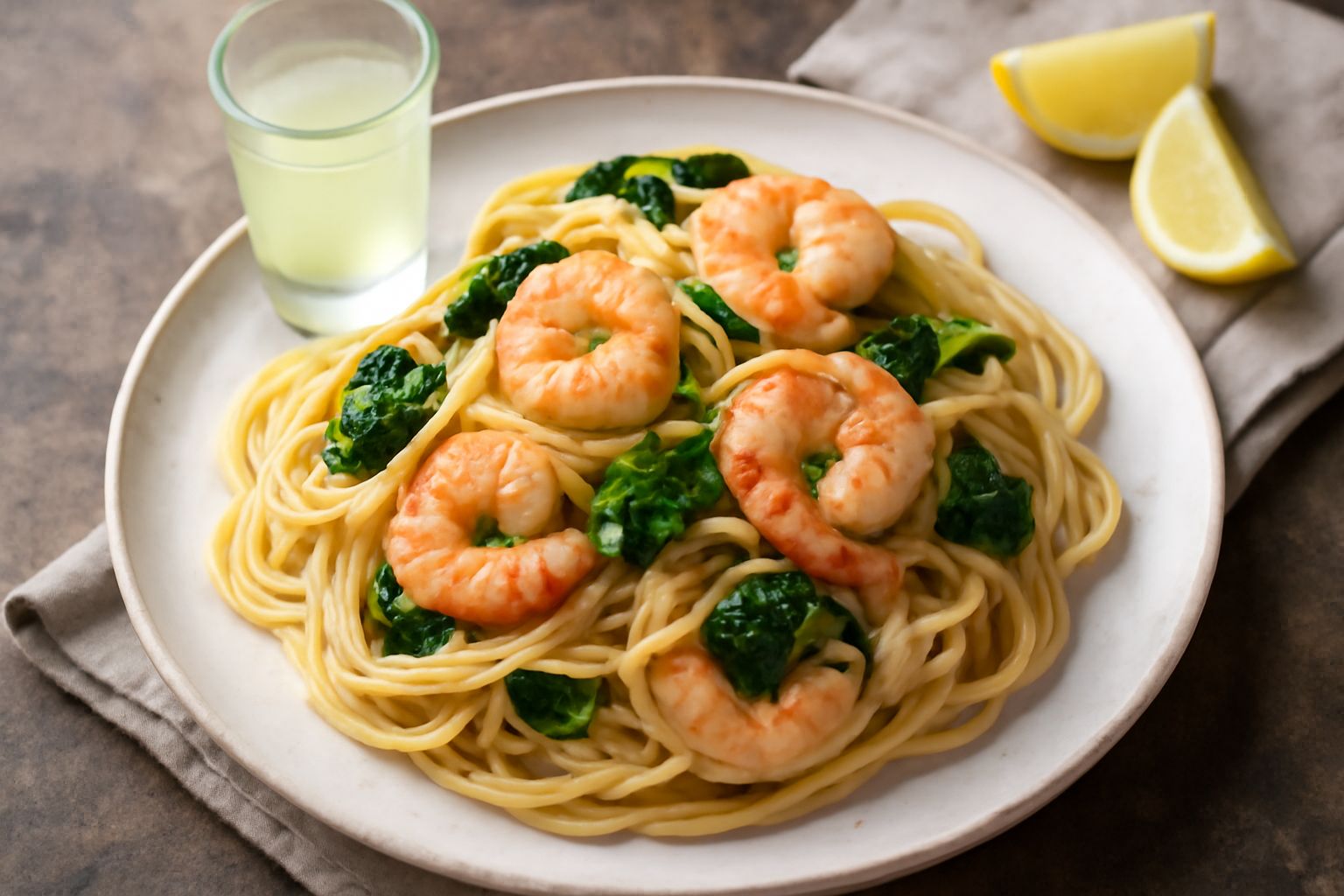 Bicchierino trasparente riempito di limoncello giallo pallido, ghiacciato, con gocce di condensa sul vetro, servito su un piattino bianco con una fetta di limone fresco e foglie di menta