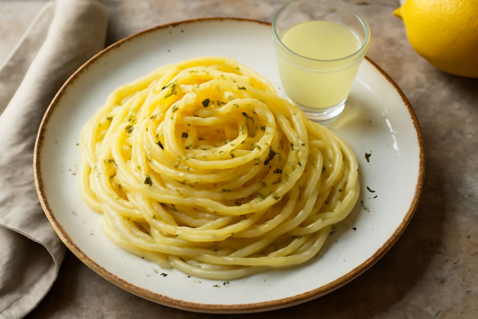 Bicchierini trasparenti di limoncello trentino giallo pallido serviti in freezer con sfondo di limoni freschi tagliati a metà e foglie di menta, su tavolo di legno chiaro