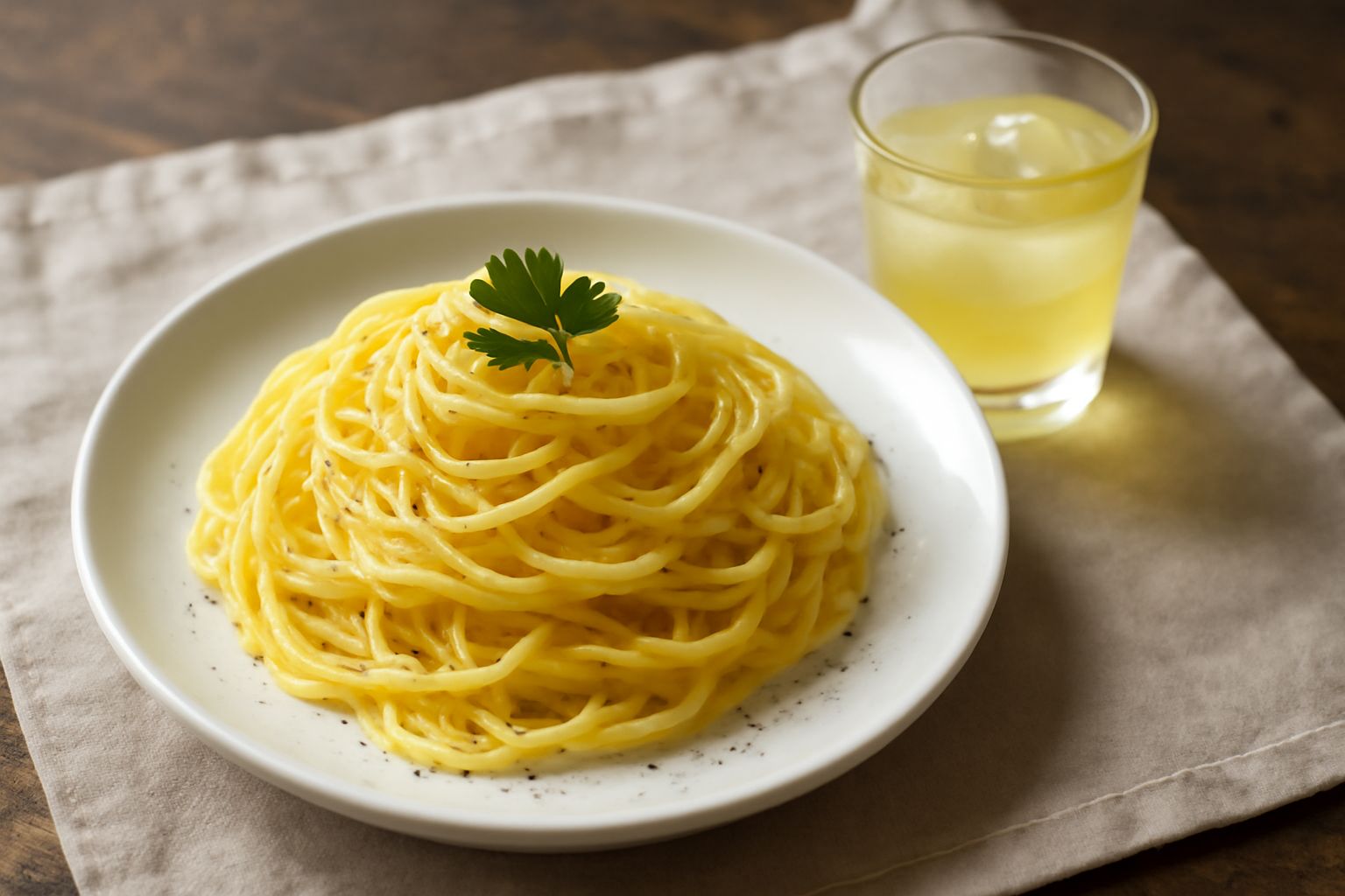 Bicchiere di limoncello trasparente e giallo brillante, ghiacciato, con gocce di condensa. Sullo sfondo limoni freschi interi e mezzo limone tagliato, su un tavolo bianco in luce naturale.