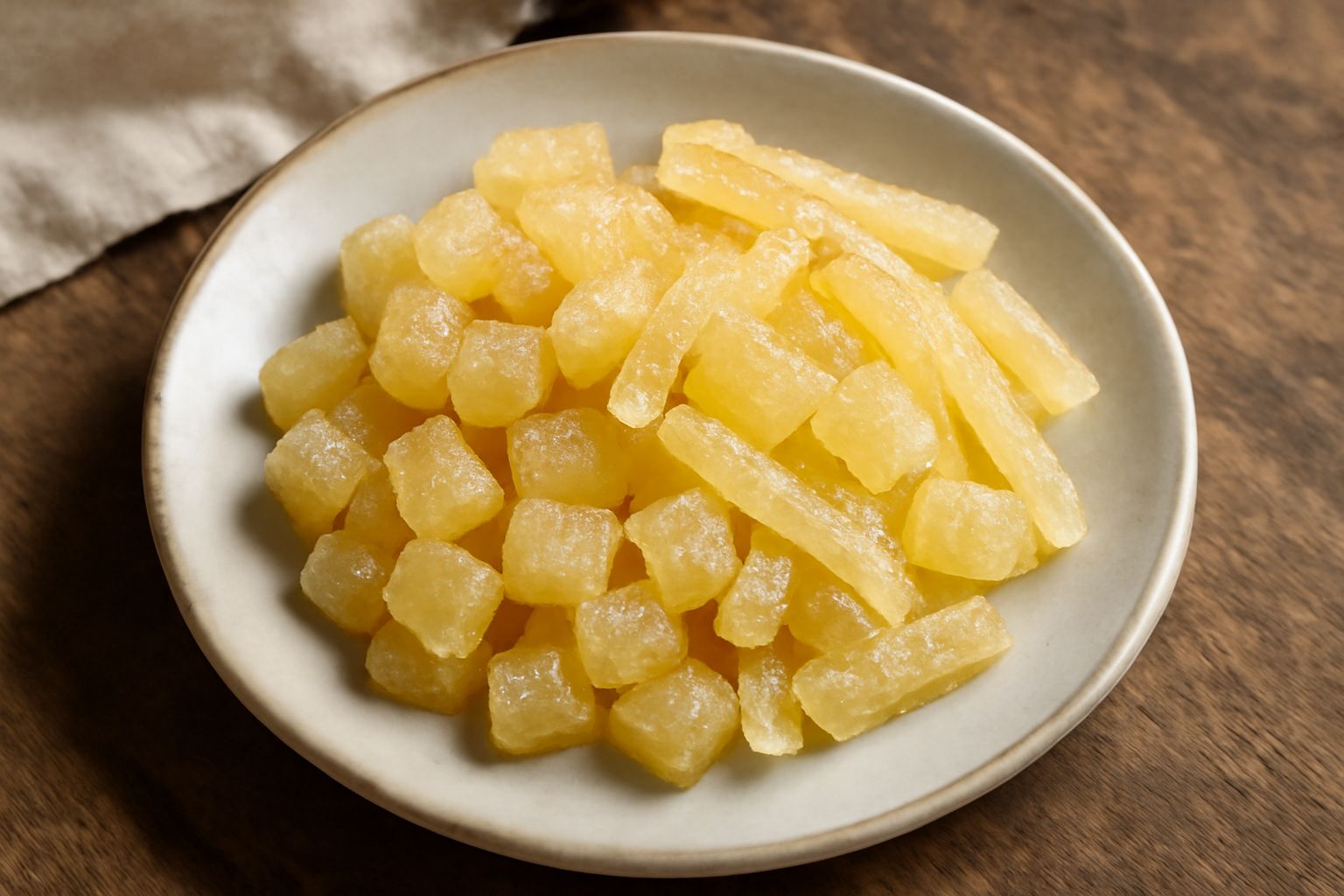 Pezzi di limone candito dai colori giallo chiaro e bianco translucido, ricoperti di zucchero cristallino, disposti su un piatto bianco con bucce tagliate a cubetti
