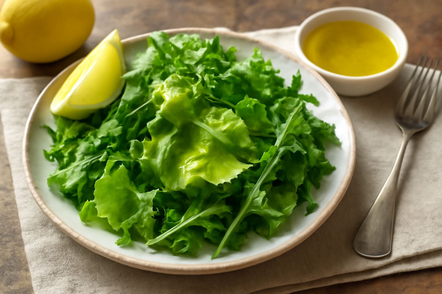 Ciotola di ceramica bianca con condimento trasparente giallastro, gocce di olio che galleggiano sulla superficie, scorza di limone fresco a fettine sottili poggiate sul bordo, background in legno chia