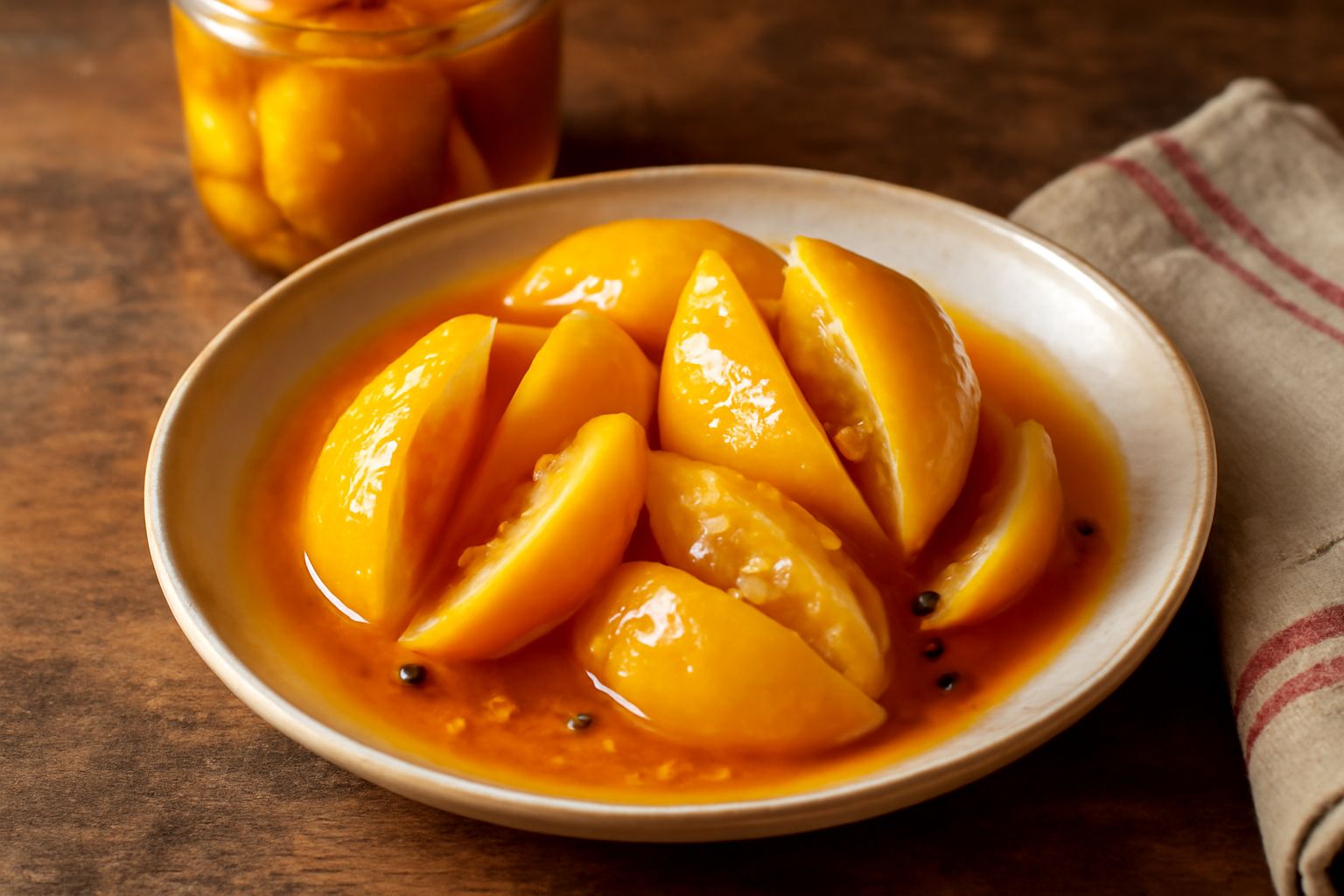 Barattolo di vetro trasparente con limoni tagliati e interi immersi in salamoia gialla, semi di finocchio visibili, fondo chiaro e luminoso con light naturale da finestra
