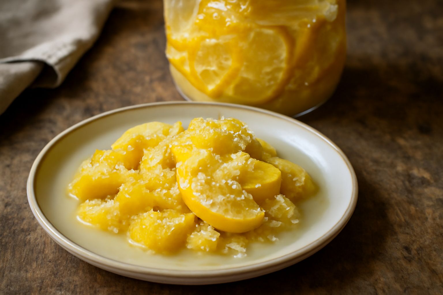 Vasetto di vetro con limoni gialli tagliati a spicchi immersi in sale cristallino bianco, alcune fette visibili attraverso il vetro, coperchio chiuso, tavolo di legno scuro