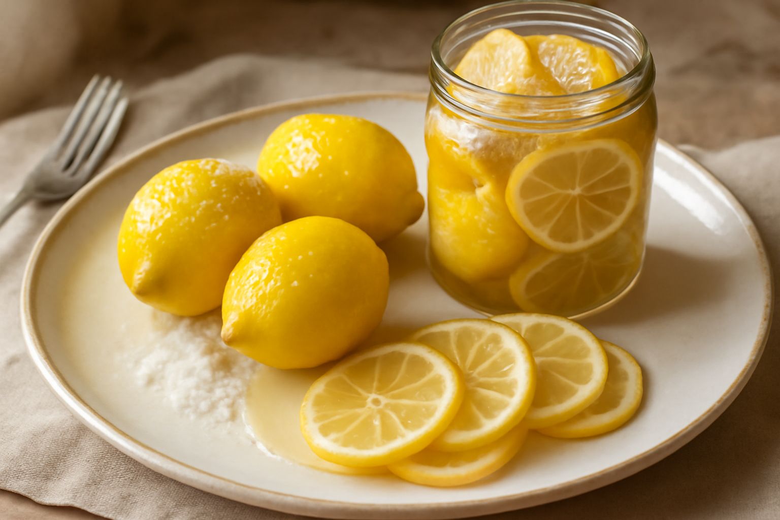Tre barattoli di vetro con limoni gialli conservati: uno con limoni e sale grosso, uno con fettine in sciroppo limpido, uno con limoni canditi lucidi e zuccherati