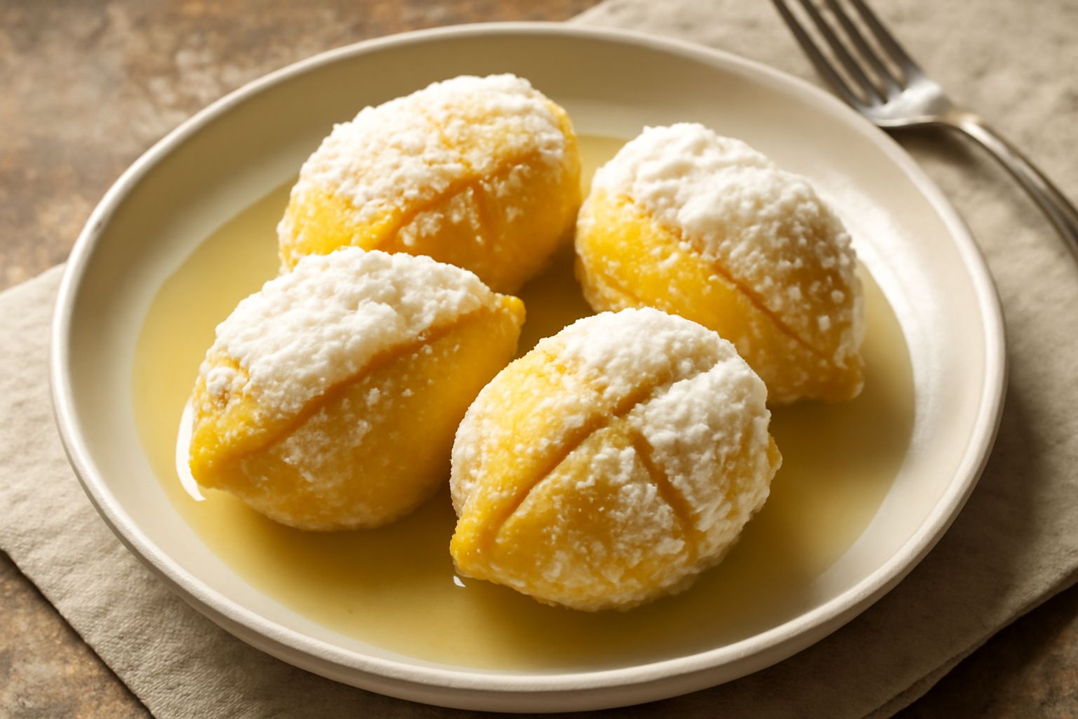 Vasetto di vetro trasparente riempito di limoni gialli interi ricoperti di sale grosso bianco, liquido trasparente, limoni stipati verticalmente, sfondo bianco.
