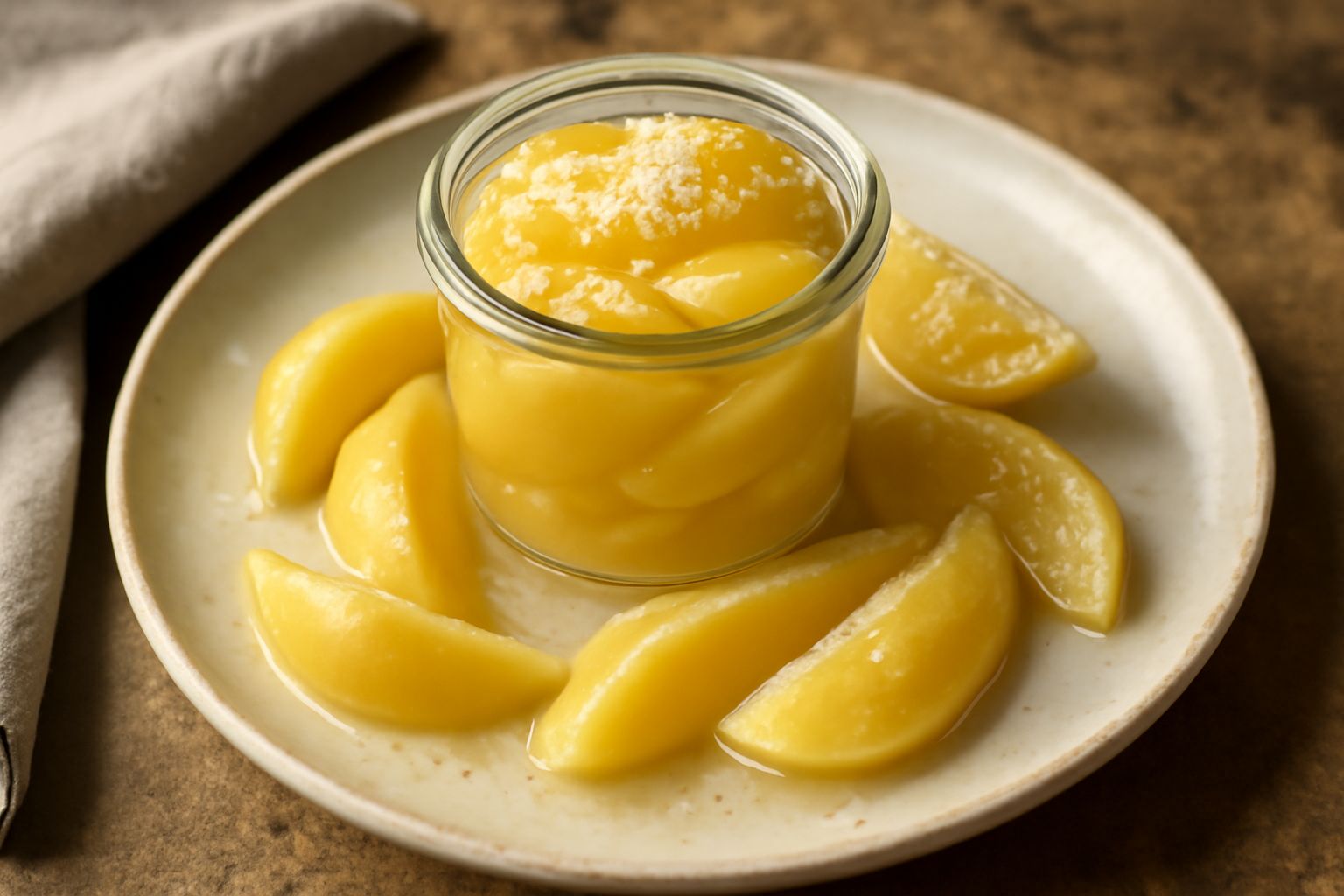 Barattolo di vetro con limoni gialli tagliati a spicchi alternati a strati di sale grosso bianco, liquido trasparente dentro, etichetta artigianale in primo piano