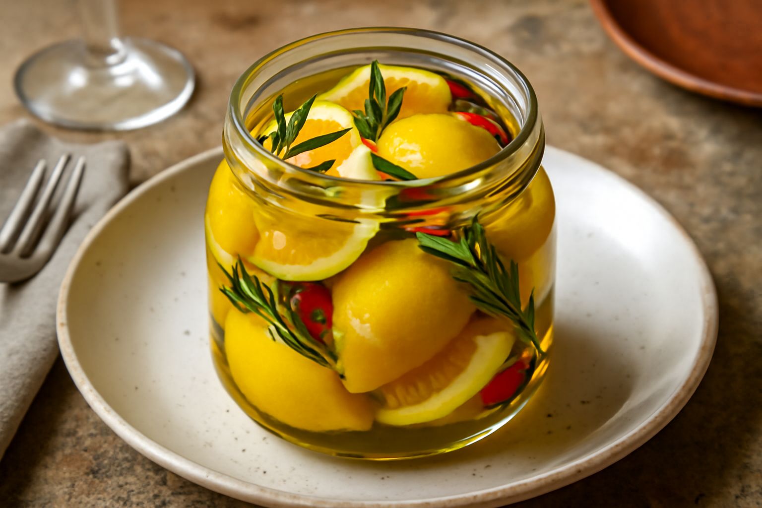 Vasetto di vetro con limoni gialli interi e spicchi immersi in olio trasparente con rosmarino, peperoncino e chicchi di sale grosso visibili