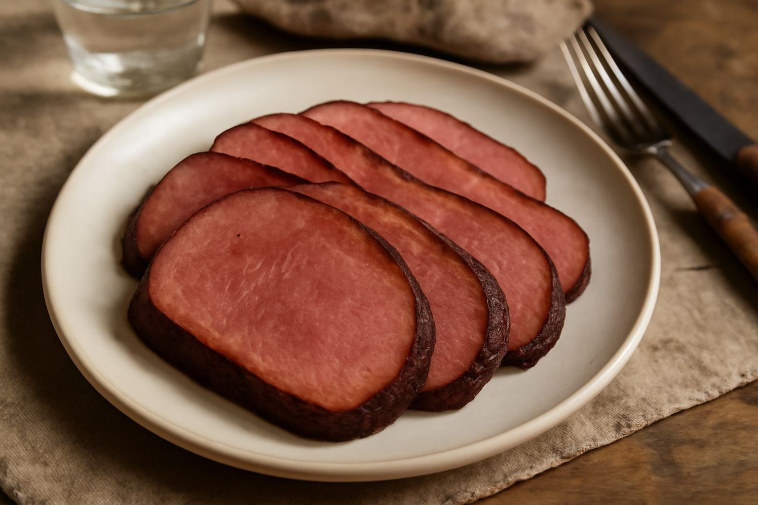 Lingua affumicata affettata in piatto bianco, affette rosate e compatte con crosta marrone scuro, contorno di barbabietola rossa e carota glassata, vapore leggero