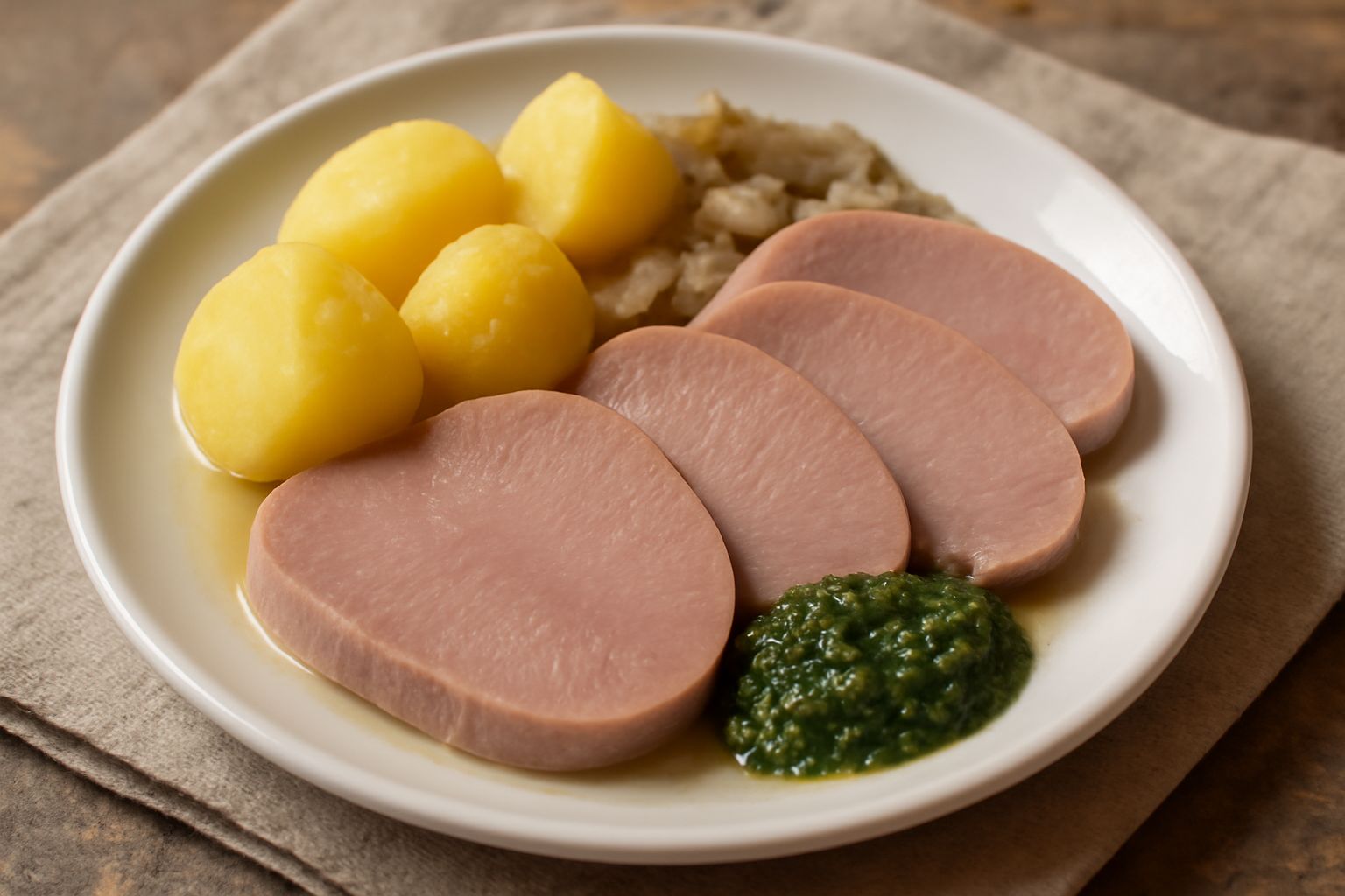 Fette di lingua rosa-pallido affettate, disposte su piatto bianco con contorno di verdure grigie, salsa verde in ciotola bianca sullo sfondo