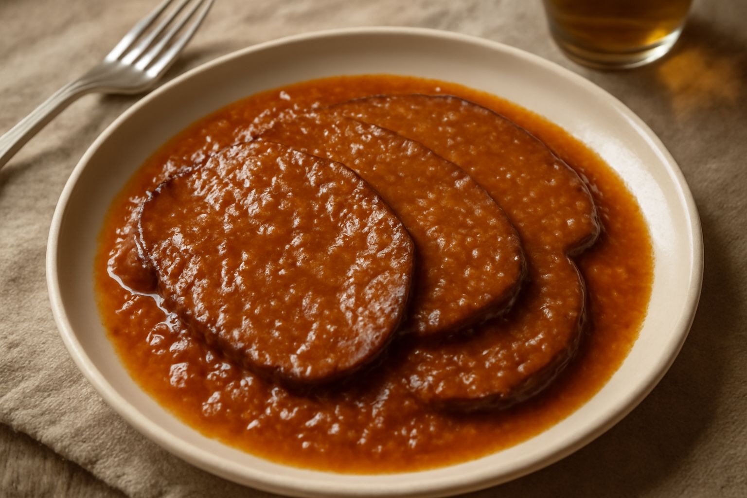 Fettine di lingua di manzo morbida ricoperte di salsa marrone scuro e densa, con pomodori visibili nella salsa, impiattate su un piatto bianco fondo con cucchiaio accanto