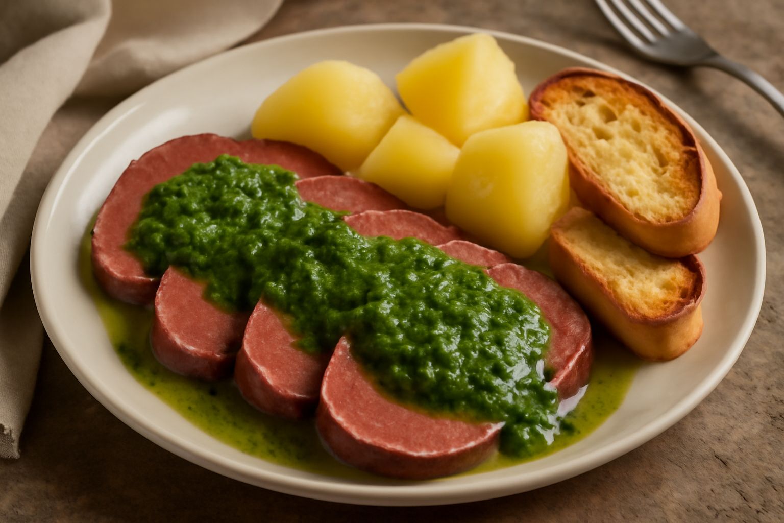 Lingua di bue affettata su piatto bianco, coperta di salsa verde brillante con visibili aghi di prezzemolo e gocce di aceto, contorno di patate lesse dorate