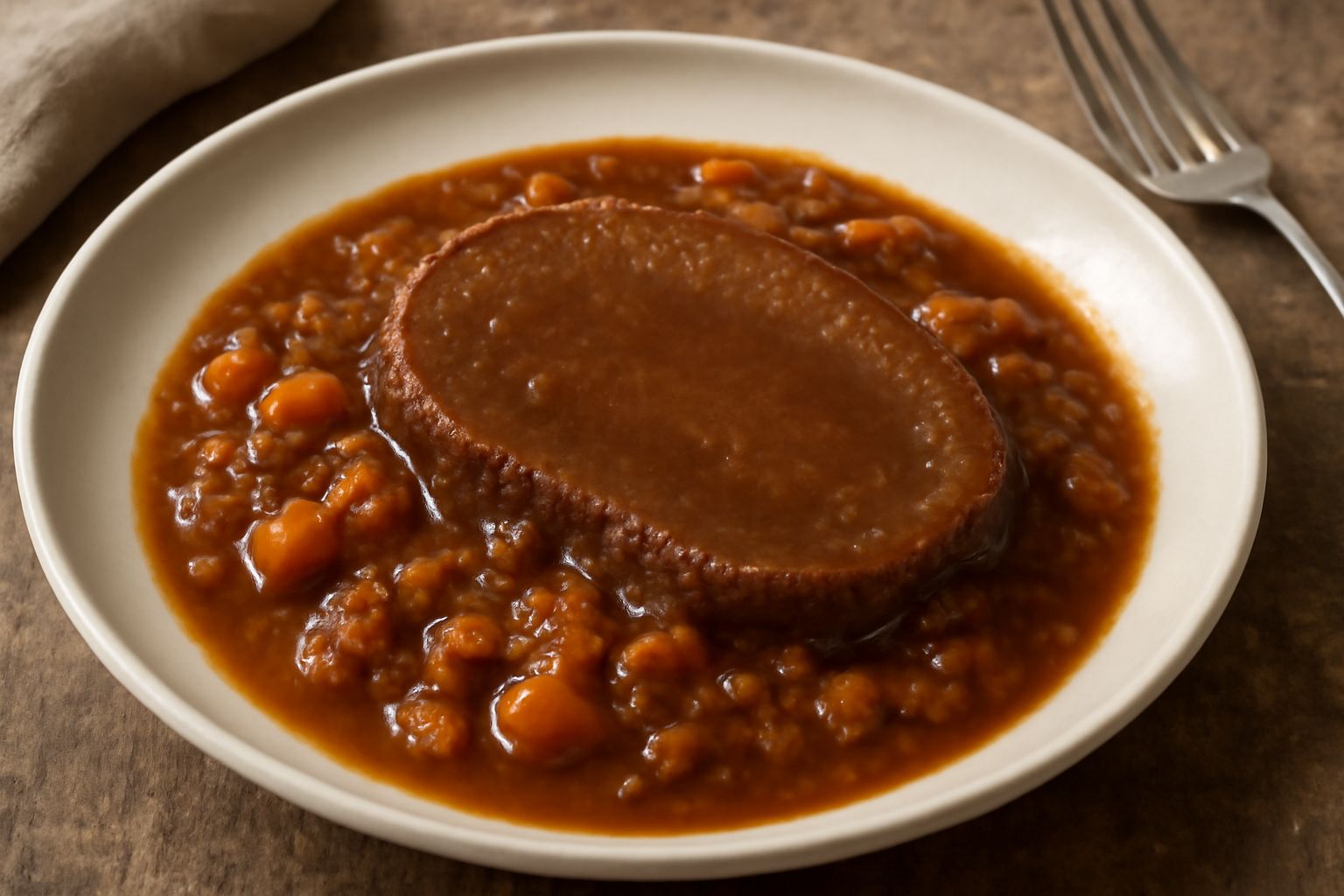Lingua di manzo in umido affettata nel suo sugo denso, circondato da verdure di cottura, servito in un piatto bianco con cucchiaio di metallo e contorno di purè
