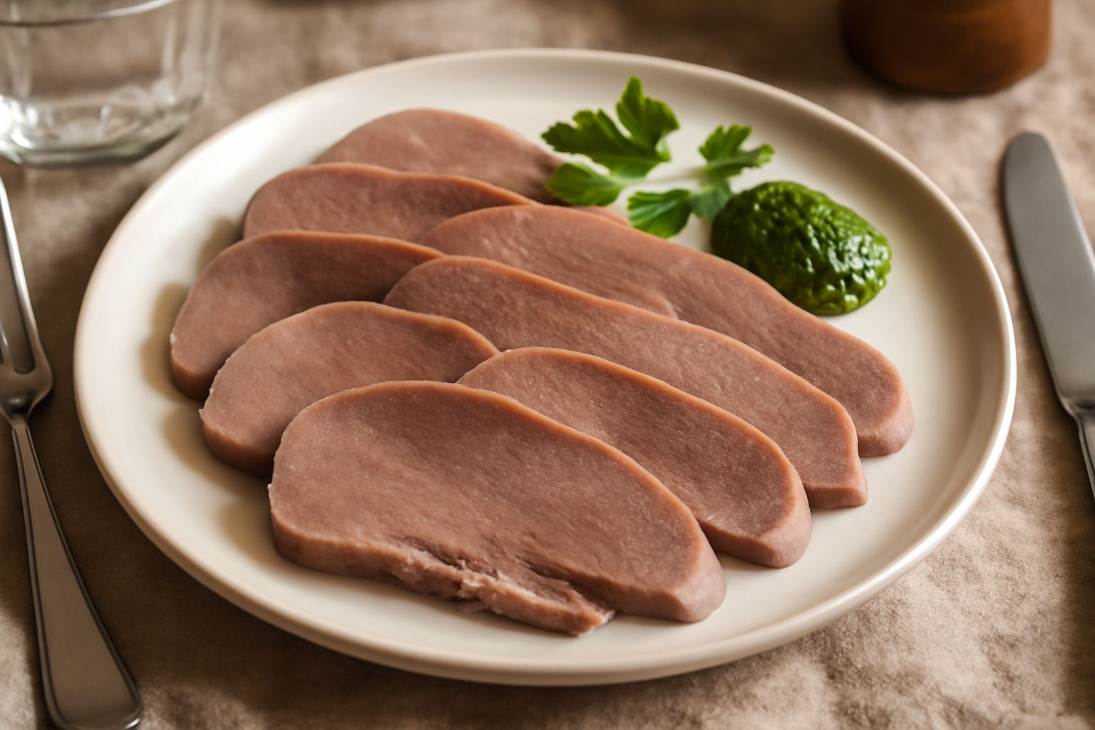 Lingua di manzo lessa affettata, adagiata nel piatto bianco con salsa verde e contorno di verdure lessate, aspetto morbido e colore grigio-rosato uniforme