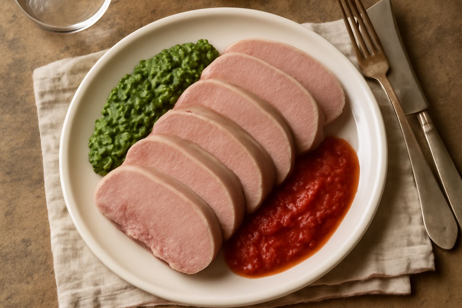 Fette di lingua di manzo lessata rosa pallido disposte nel piatto con salsa verde e contorno di purè bianco, bordo del piatto in porcellana bianca