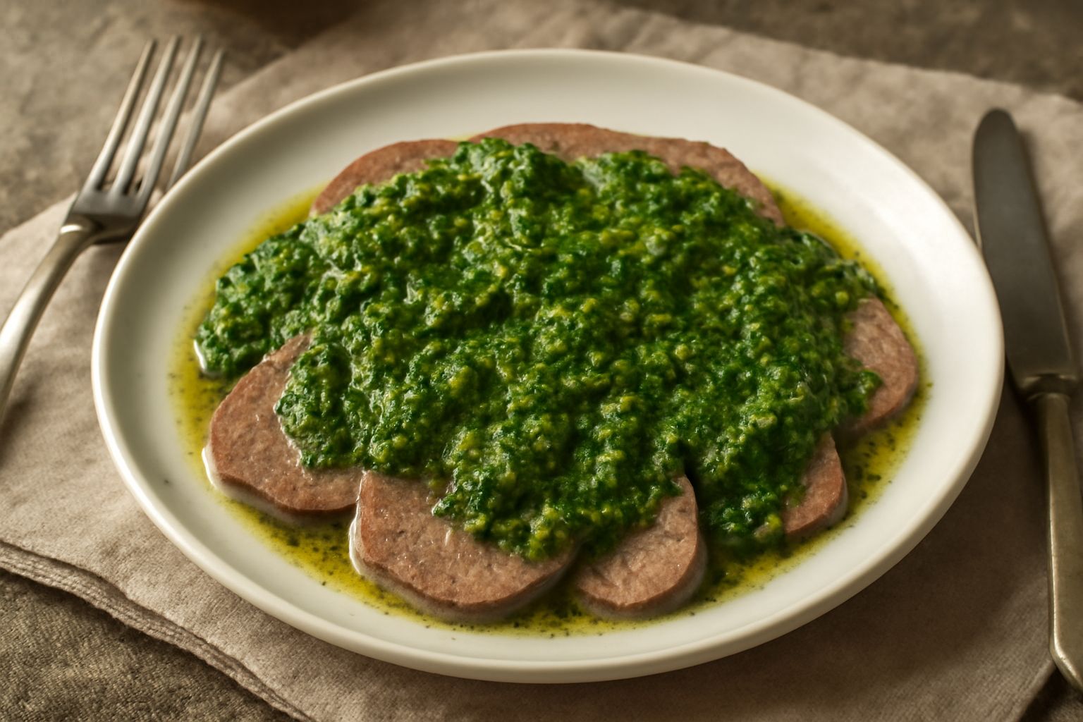 Fette di lingua di manzo tenera e rosa cupo, tagliate in diagonale e disposte nel piatto con cucchiai di salsa verde brillante a base di prezzemolo, servita con contorno di patate bollite