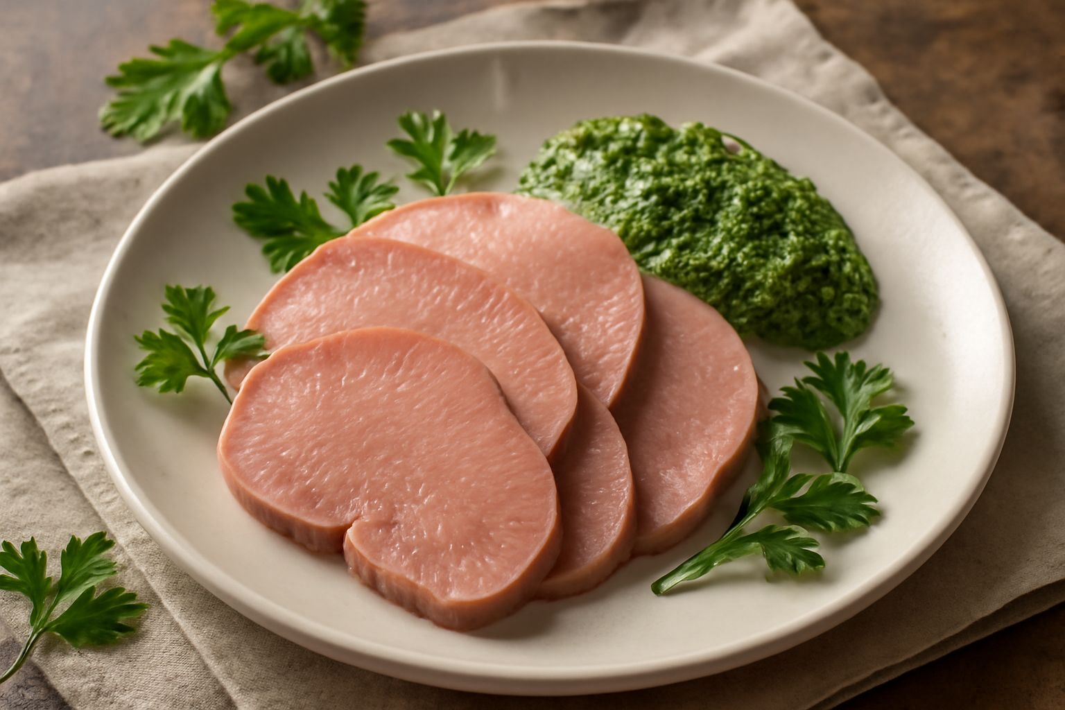 Lingua di vitello affettata disposta su piatto bianco, fette color rosa antico, superficie lucida, contorno di prezzemolo fresco e una ciotola di salsa verde accanto