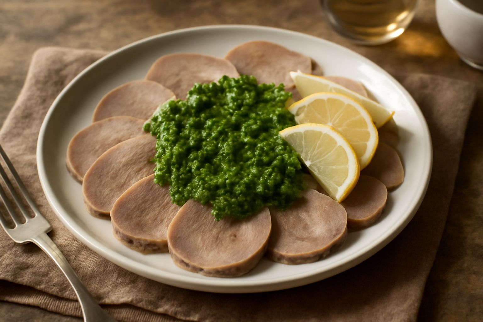Fette di lingua di vitello fredda disposte su un piatto bianco, decorate con prezzemolo fresco e accompagnate da salsa verde in una ciotola