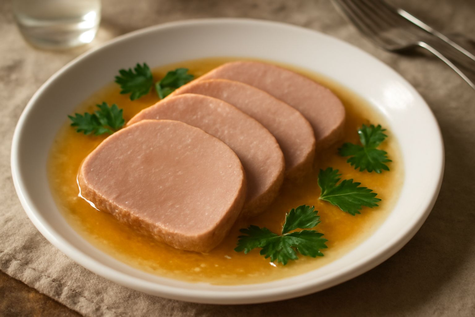Lingua di vitello in gelatina affettata su piatto bianco, con fette trasparenti color ambra, carne rosa pallido, guarnite con prezzemolo fresco e cipollina, contorno di gelée brillante e luminosa