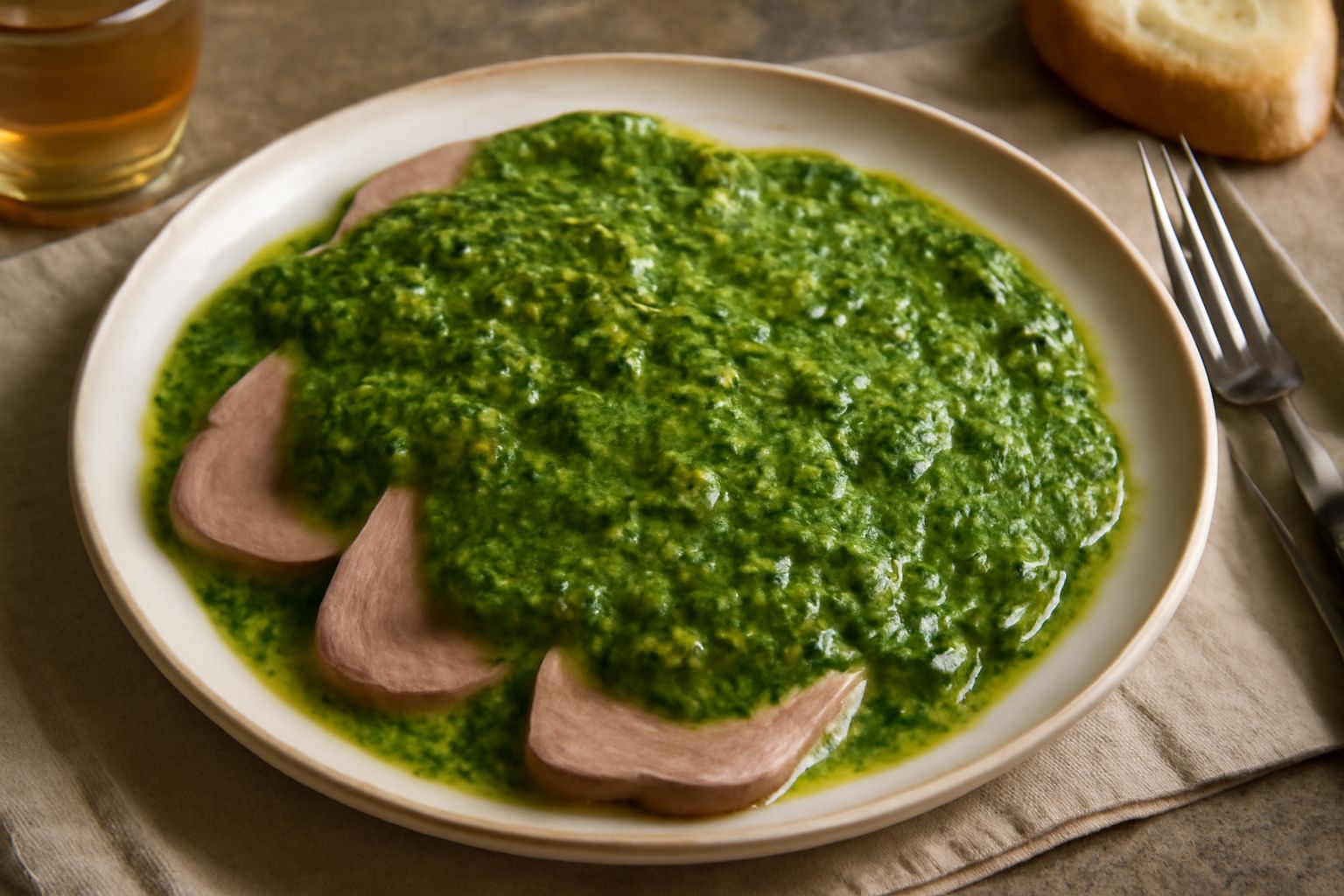 Lingua di vitello affettata disposta nel piatto, ricoperta di salsa verde densa e brillante, con gocce di olio d'oliva e frammenti di prezzemolo e capperi visibili in superficie, su fondo bianco