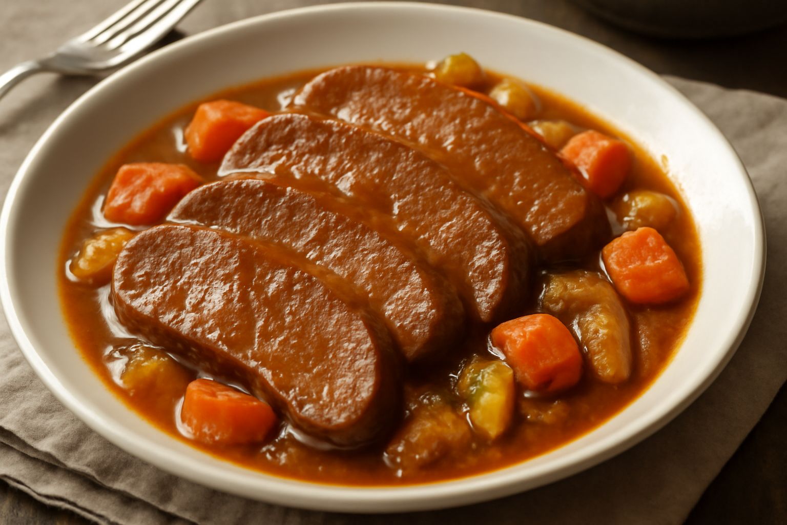 Lingua di vitello affettata nel suo sugo scuro, con carote, sedano e cipolle, servita in un piatto bianco fondo con cucchiaio, vapore ancora visibile